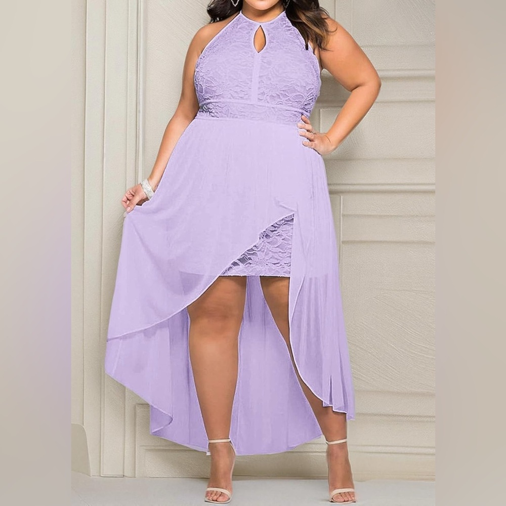 Plus Size Hi Low Lace Overlay Halter Cocktail Casual Beach Wedding Maxi Dress
